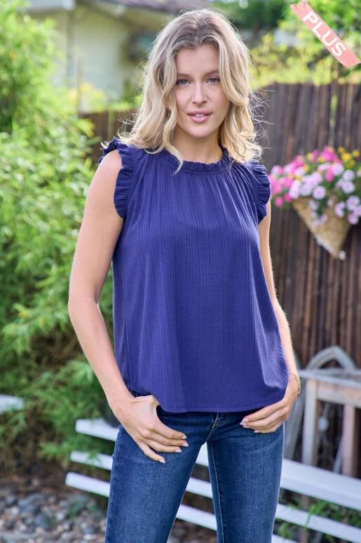 Breezy Navy Blue Rib Knit Short Sleeve Top, with Ruffled neck and sleeves.