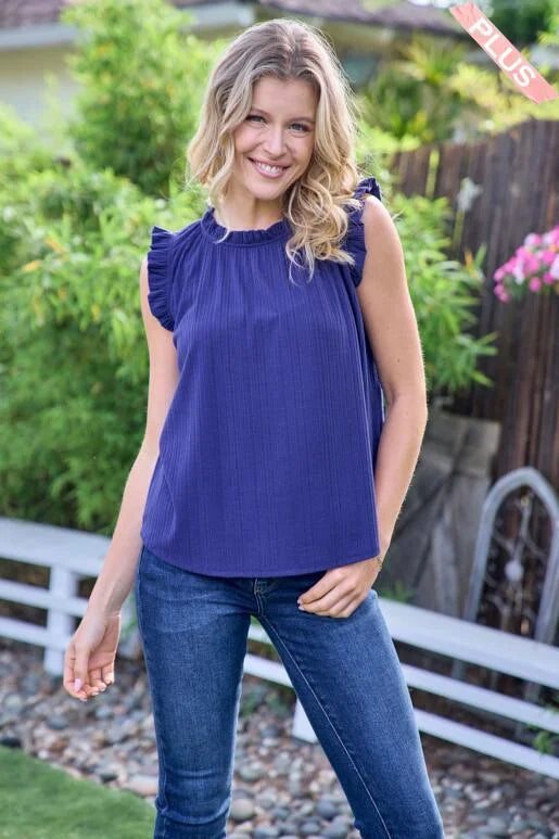 Breezy Navy Blue Rib Knit Short Sleeve Top, with Ruffled neck and sleeves.