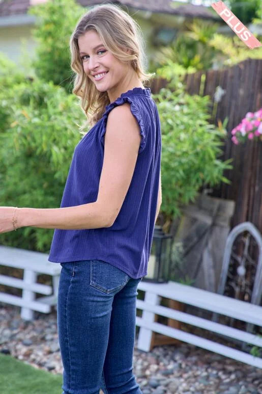 Breezy Navy Blue Rib Knit Short Sleeve Top, with Ruffled neck and sleeves.