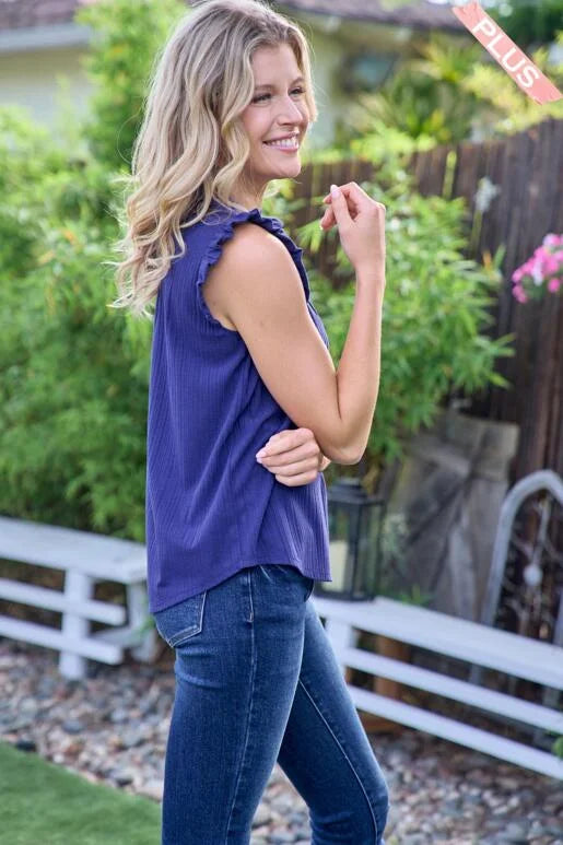 Breezy Navy Blue Rib Knit Short Sleeve Top, with Ruffled neck and sleeves.
