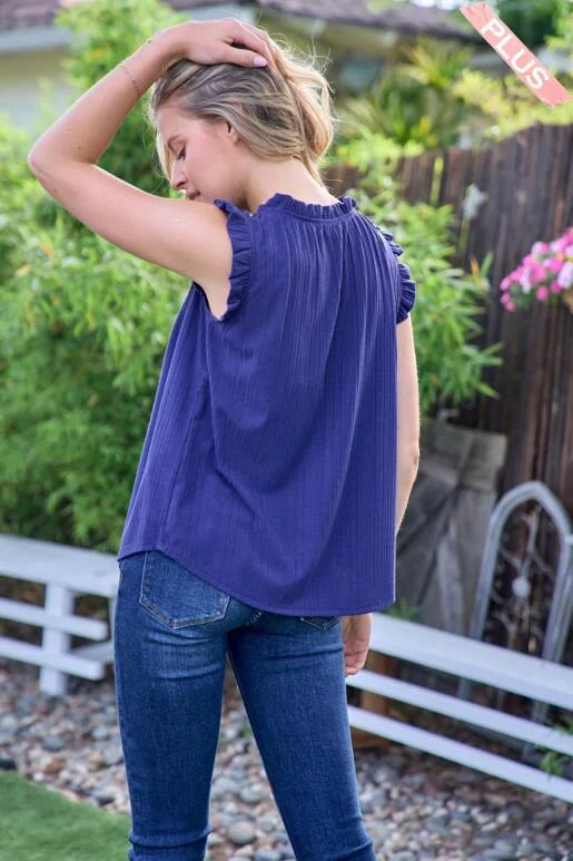 Breezy Navy Blue Rib Knit Short Sleeve Top, with Ruffled neck and sleeves.