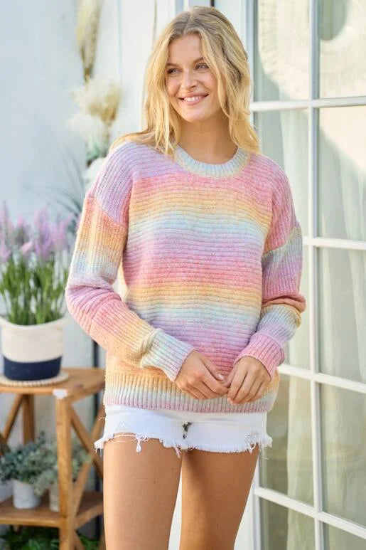 Happier Days Ombre Color Block Sweater
Color: Pink, Orange, Sky Blue, Purple