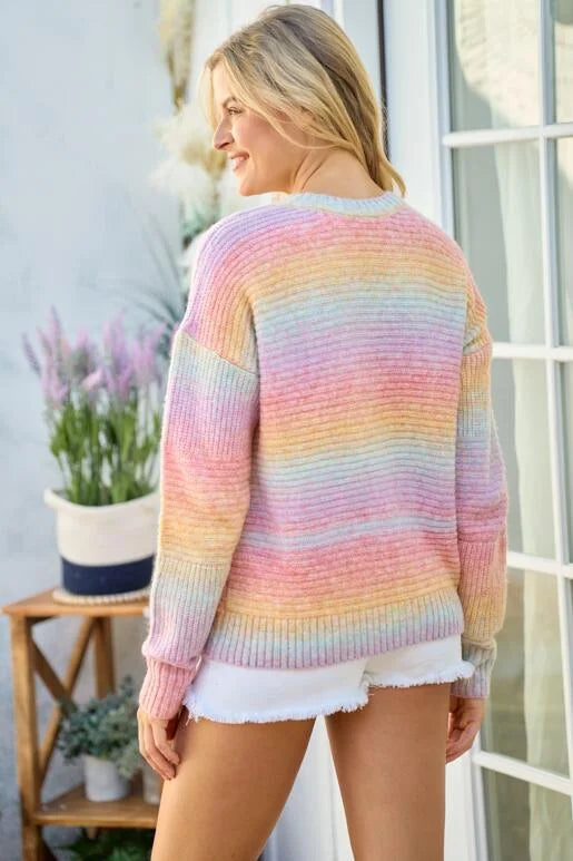 Happier Days Ombre Color Block Sweater
Color: Pink, Orange, Sky Blue, Purple