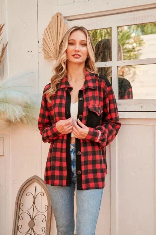 Let's Go Bison Red and Black Plaid Knit Shirt Jacket. Lightweight with Functional buttons. Solid color on the placket and back yoke
Chest pocket.
SIZE & FIT: Runs Large. Size down one if you prefer a more fitted look.