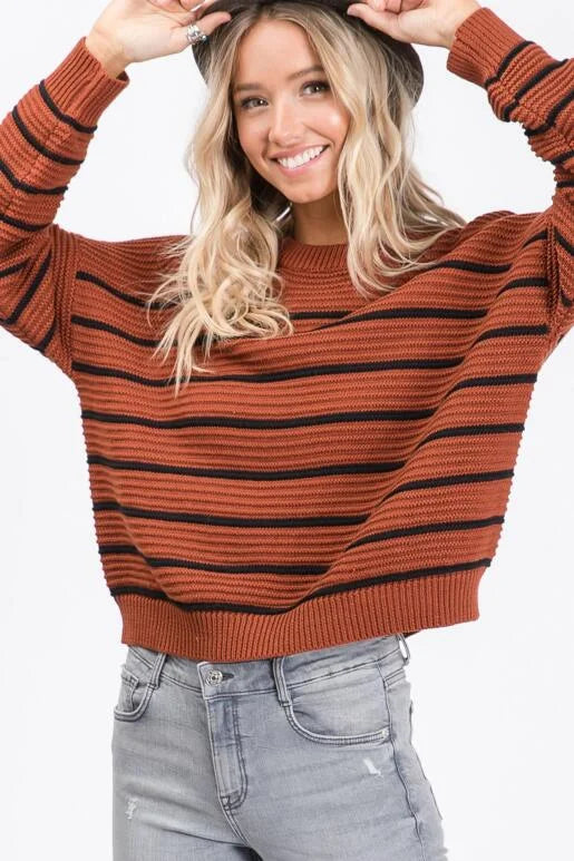 Fall Vibes Rust and Black Striped Sweater with Zigzag ribbed knit pattern.
Color: Rust
Super soft casual and slightly oversized for a slouchy fit with a shorter length.