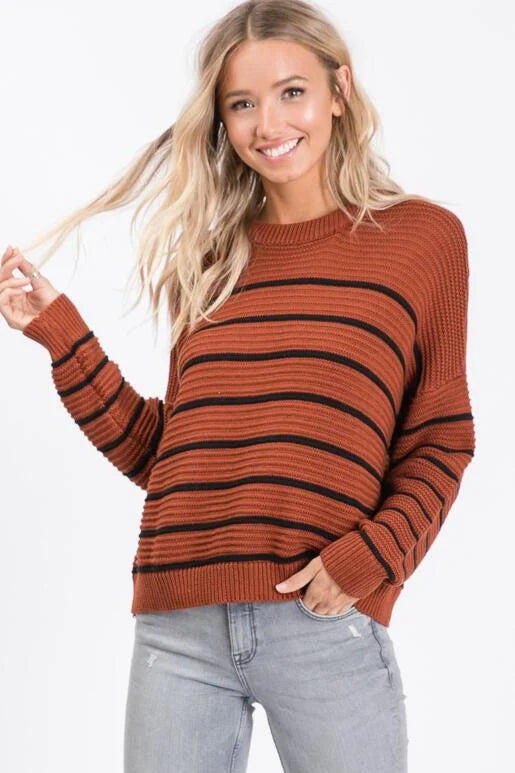 Fall Vibes Rust and Black Striped Sweater with Zigzag ribbed knit pattern.
Color: Rust
Super soft casual and slightly oversized for a slouchy fit with a shorter length.
