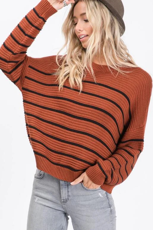 Fall Vibes Rust and Black Striped Sweater with Zigzag ribbed knit pattern.
Color: Rust
Super soft casual and slightly oversized for a slouchy fit with a shorter length.