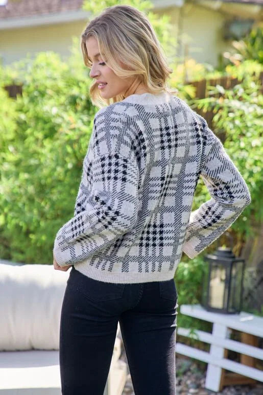 Casual Business Taupe and Black Plaid Cardigan. Shorter length and roomy fit with button up front, medium weight.