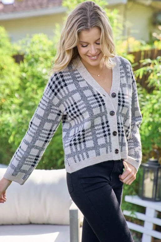 Casual Business Taupe and Black Plaid Cardigan. Shorter length and roomy fit with button up front, medium weight.