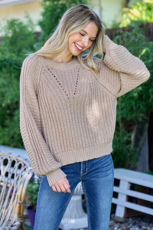 Warm up with this cozy Taupe Chevron Textured Sweater.
Roomy Fit with Bubble Sleeve and Out seam detail on the armhole. Size down one for a more fitted look.