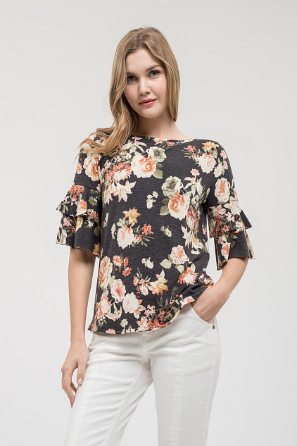 Charcoal Gray Floral Knit Top with Ruffle Sleeve and Back Tie
