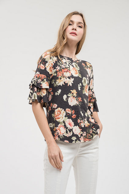 Charcoal Gray Floral Knit Top with Ruffle Sleeve and Back Tie