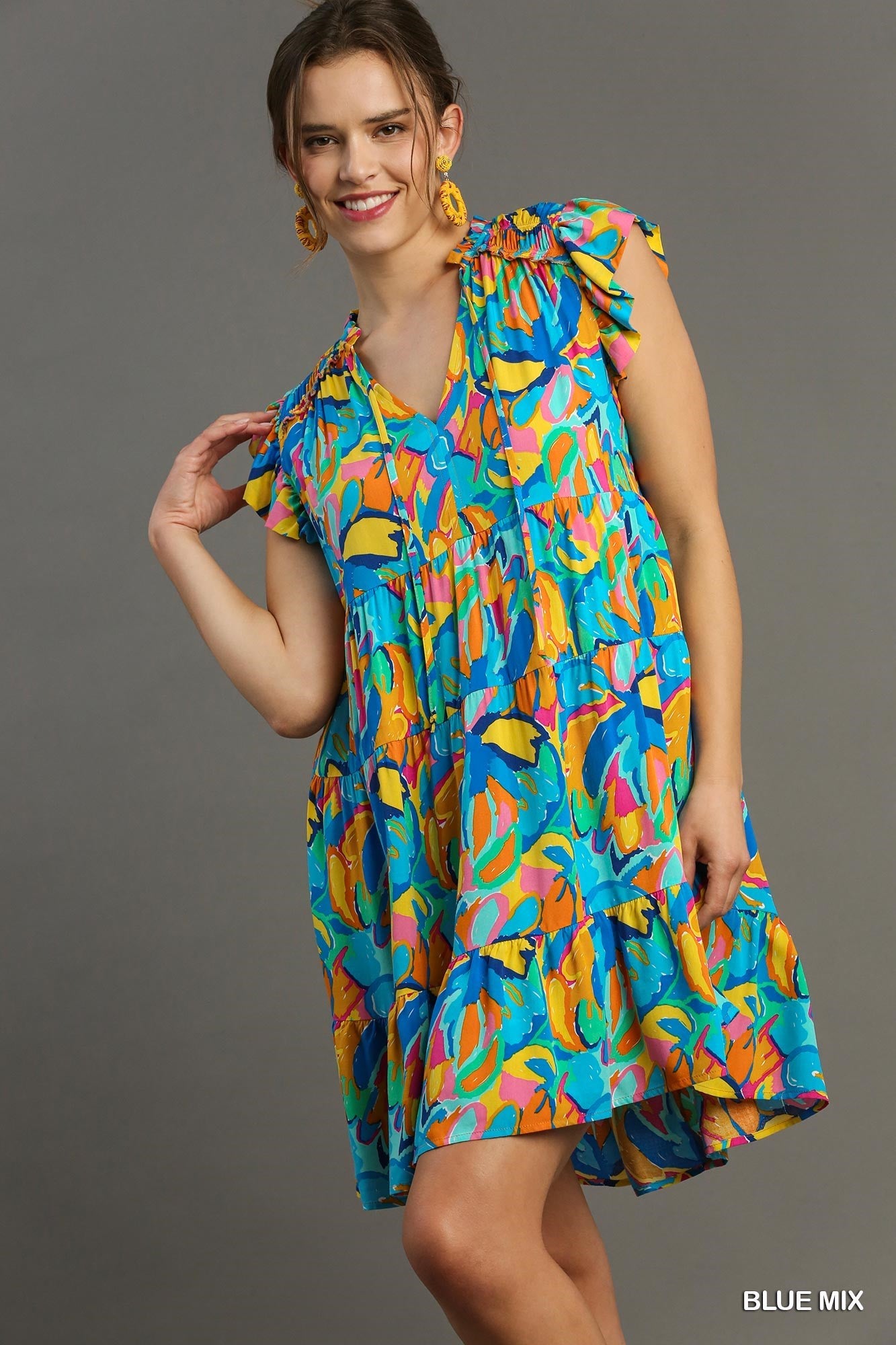 Blue Abstract Print A-Line Tiered Smocked Detail Dress with Ruffle Sleeves, Front Tie
Colors: Sky Blue, Yellow, Orange, Pink, Green, Blue
