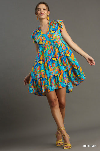 Blue Abstract Print A-Line Tiered Smocked Detail Dress with Ruffle Sleeves, Front Tie
Colors: Sky Blue, Yellow, Orange, Pink, Green, Blue