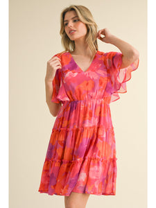 Fuschia Floral Print Chiffon V-neck Dress with Short Bell Sleeves and Tiered Skirt