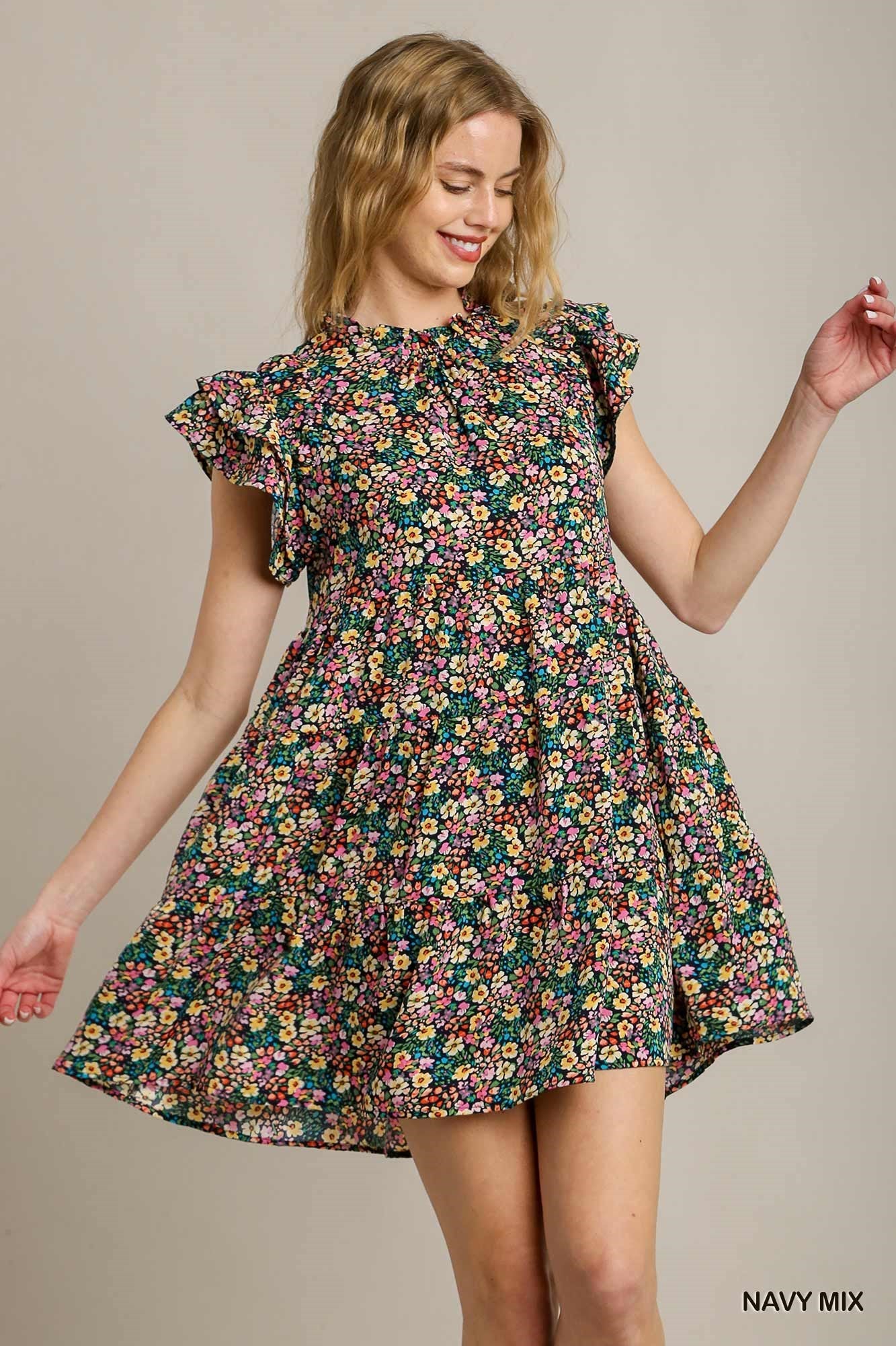 Navy Floral Print Mini Dress Ruffle Neckline with Double Layered Ruffle Sleeves