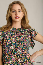 Navy Floral Print Mini Dress Ruffle Neckline with Double Layered Ruffle Sleeves