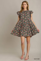 Navy Floral Print Mini Dress Ruffle Neckline with Double Layered Ruffle Sleeves