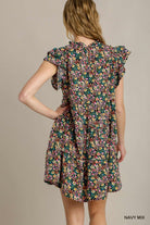 Navy Floral Print Mini Dress Ruffle Neckline with Double Layered Ruffle Sleeves