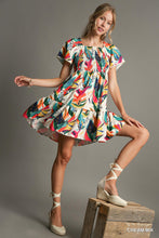 Off White Tropical Print Smocked Detail Short Dress