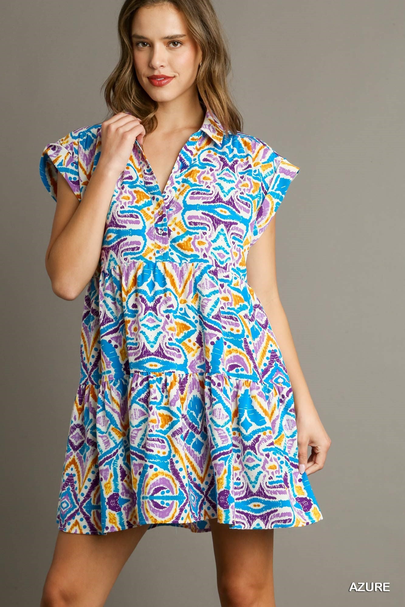 Azure Blue Aztec Printed Tiered Short Collared Mid Button Dress with Side Pockets

Colors: Azure Blue, Purple, Lavendar, Golden Yellow