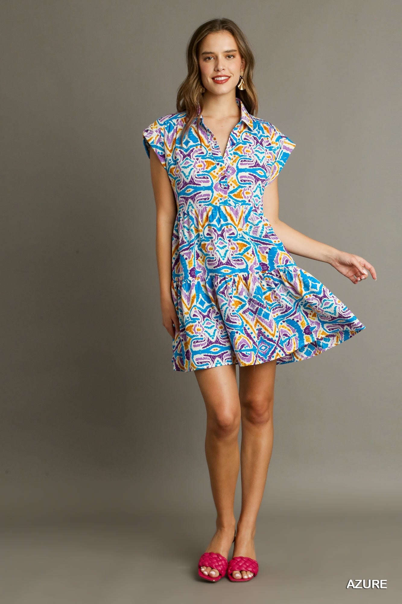 Azure Blue Aztec Printed Tiered Short Collared Mid Button Dress with Side Pockets

Colors: Azure Blue, Purple, Lavendar, Golden Yellow
