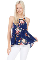 Navy Floral Print Racerback Babydoll Top with Crochet Lace Detail
