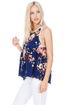 Navy Floral Print Racerback Babydoll Top with Crochet Lace Detail