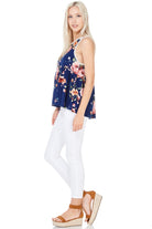 Navy Floral Print Racerback Babydoll Top with Crochet Lace Detail