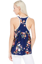 Navy Floral Print Racerback Babydoll Top with Crochet Lace Detail