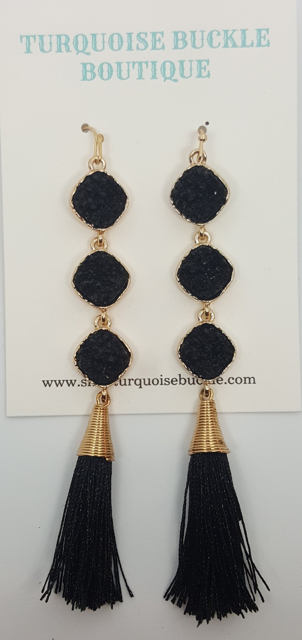 Black and Gold Druzy Tassel Earrings