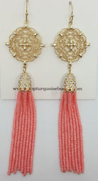 Gold Dreamcatcher Earrings with Long Coral Beaded Tassels and Accent Clear Crystals

4 inches long