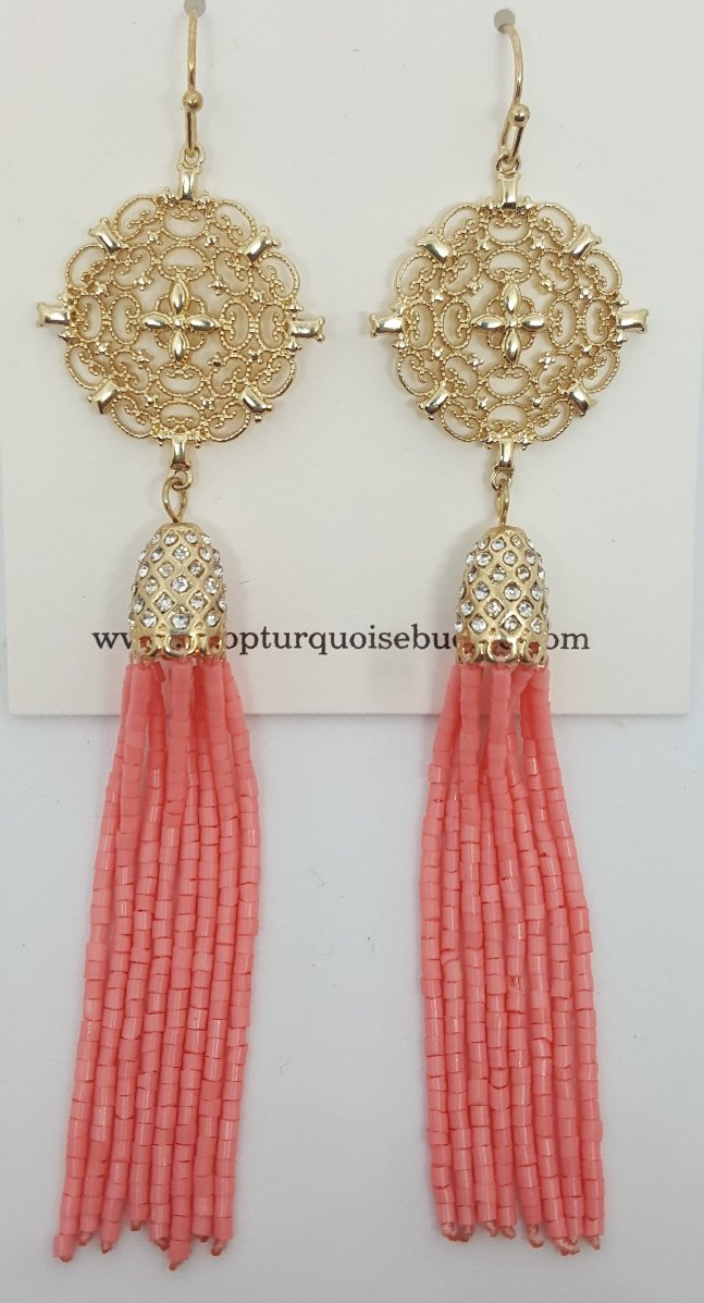 Gold Dreamcatcher Earrings with Long Coral Beaded Tassels and Accent Clear Crystals

4 inches long