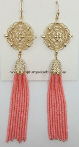 Gold Dreamcatcher Earrings With Long Coral Tassels
