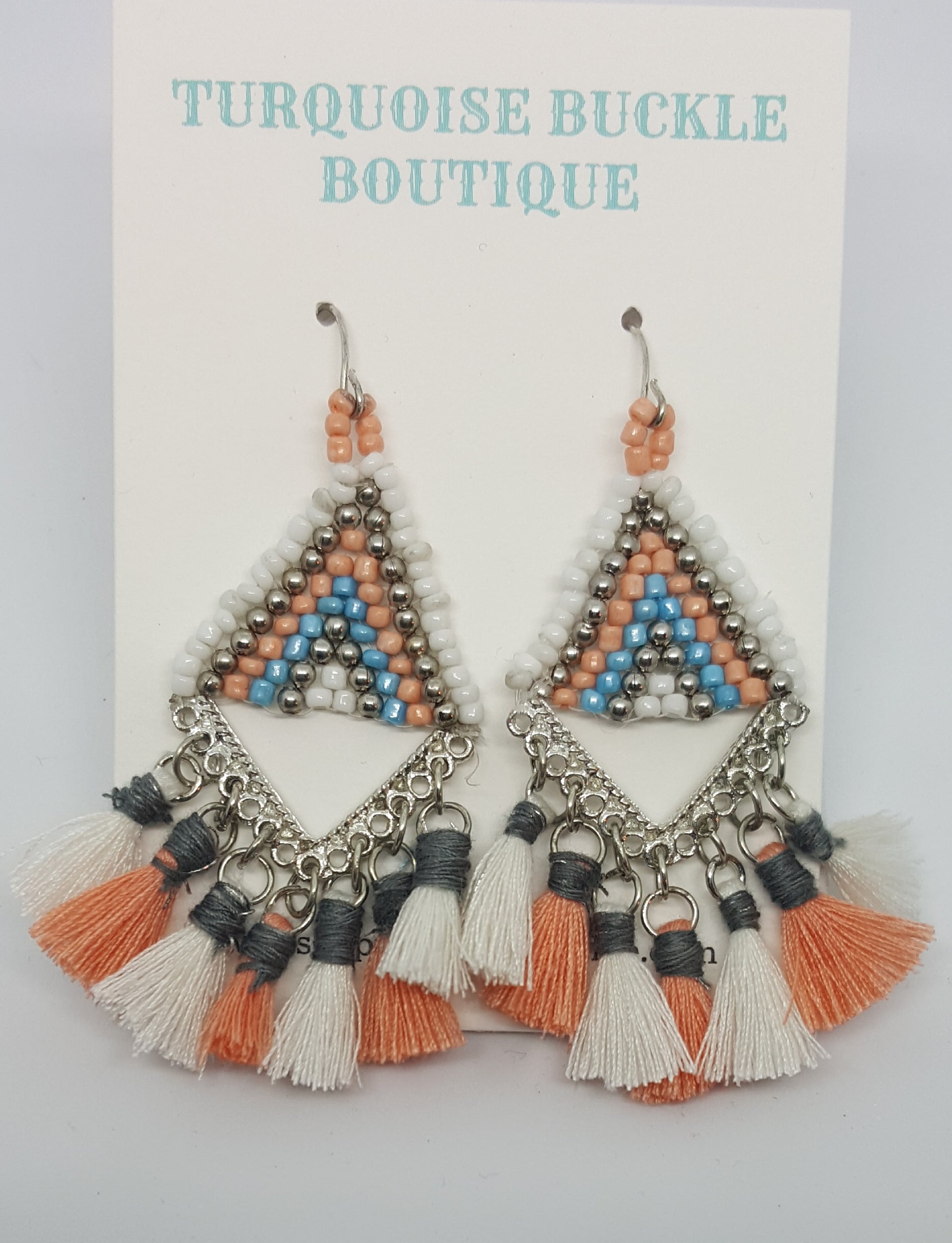 Silver Tribal Earrings with Peach &amp; White Tassels. Silver, Peach, White and Blue Beads

2 1/2 inches long