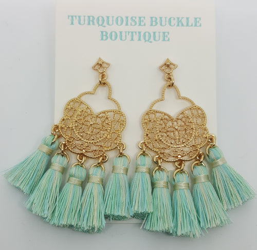 Gold Dreamcatcher Mint Tassel Earrings