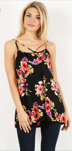 Black Floral Print Tank Top with Spaghetti Straps and Cutout Details 