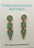 Mint Druzy with 3 Stones Vertical Geometric Statement Earrings Outlined in Gold

1 1/2 Inches Long