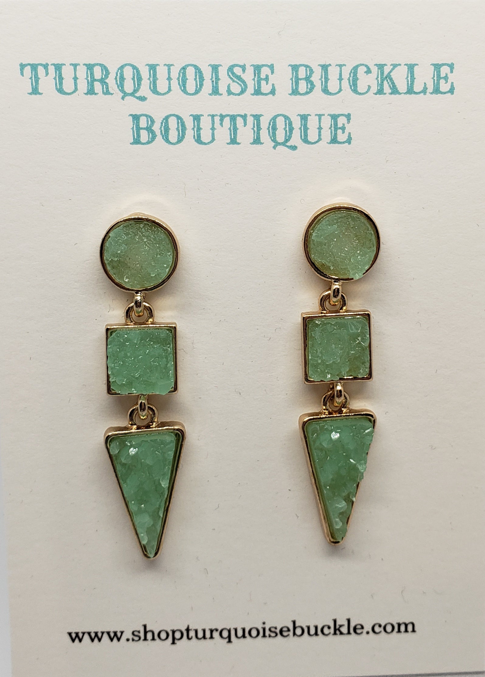Mint Druzy with 3 Stones Vertical Geometric Statement Earrings Outlined in Gold

1 1/2 Inches Long