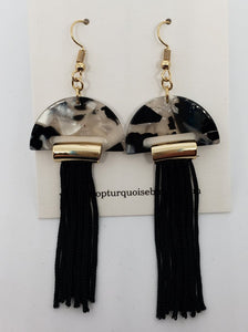 Black And White Half Moon Tassel Earrings