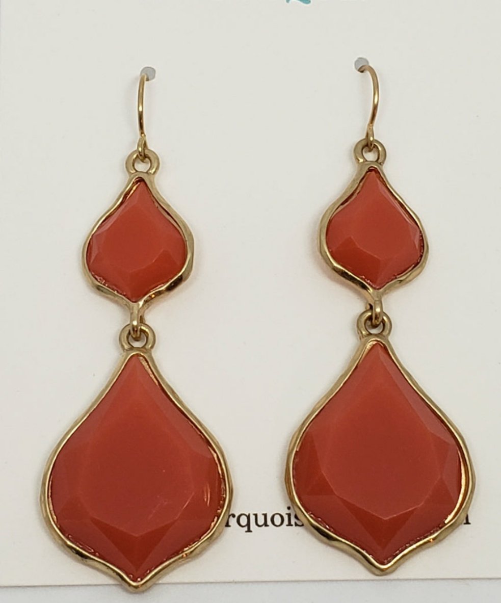 Coral Teardrop Earrings Outlined With Gold