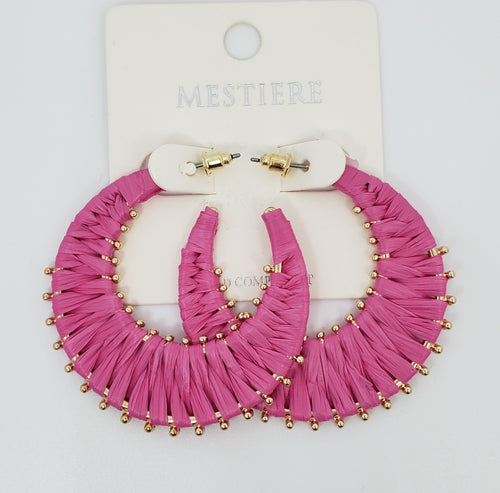 Rattan Wrapped Magenta Hoop Earrings