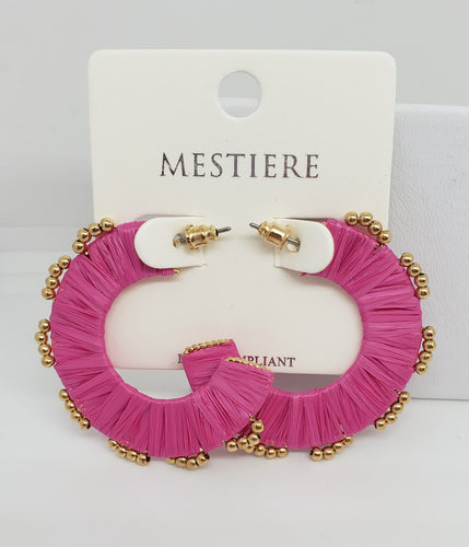 Rattan Wrapped Magenta Hoop Earrings