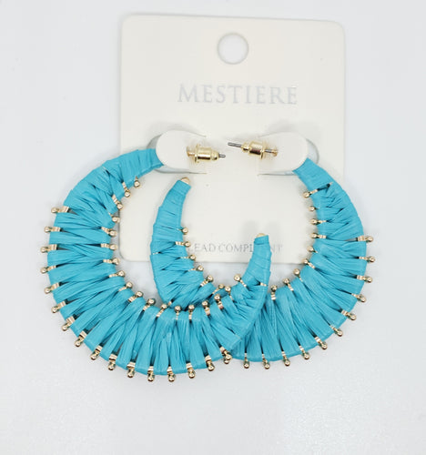 Rattan Wrapped Teal Hoop Earrings