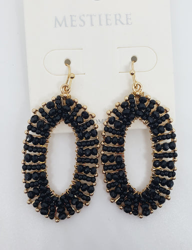 Oval Black and Gold Beaded Drop Earrings