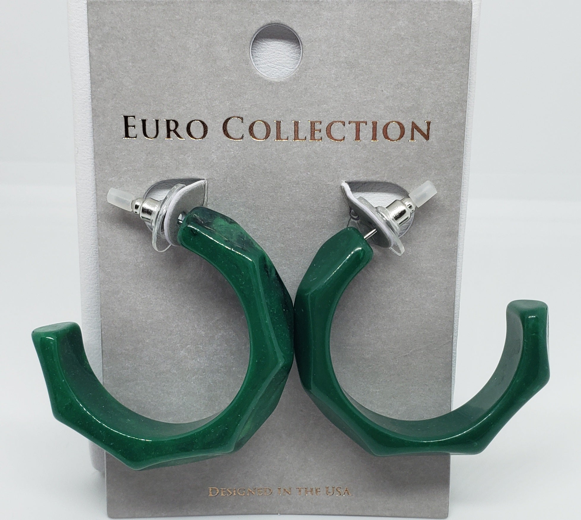 Emerald Green Acetate Circle Hoop Earrings with Beveled Detail