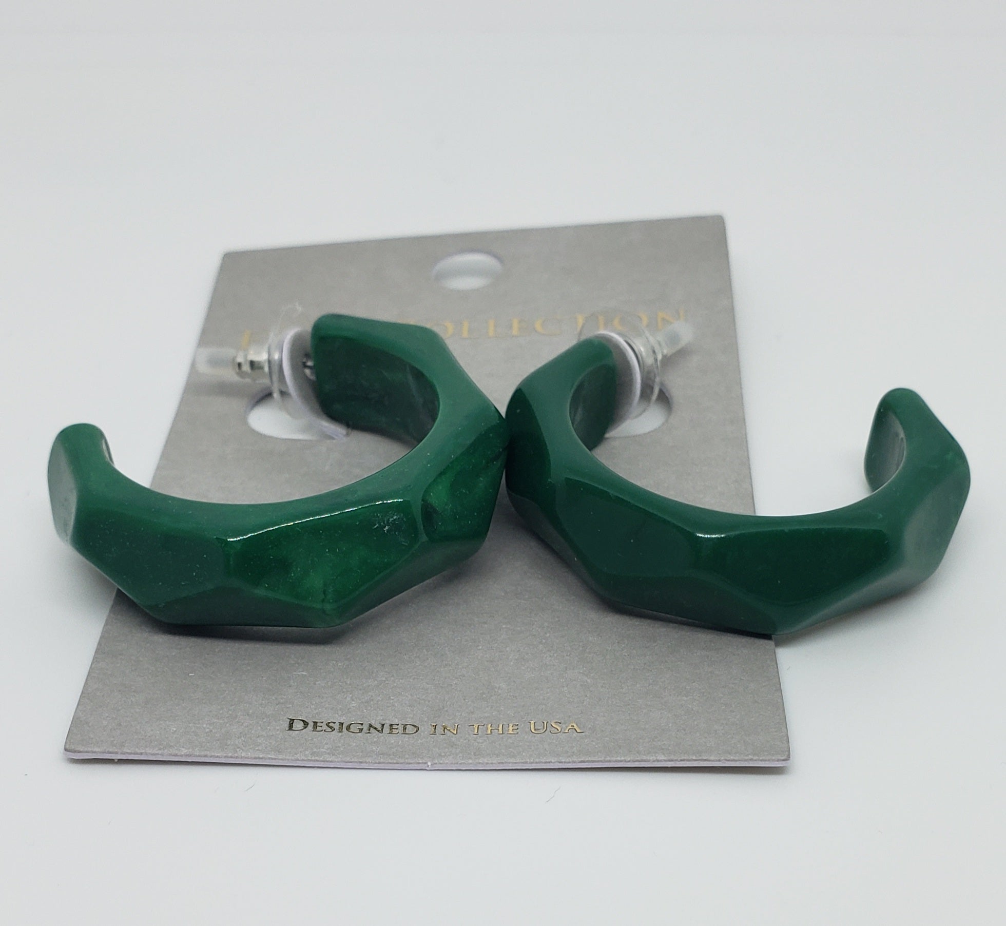 Emerald Green Acetate Circle Hoop Earrings with Beveled Detail