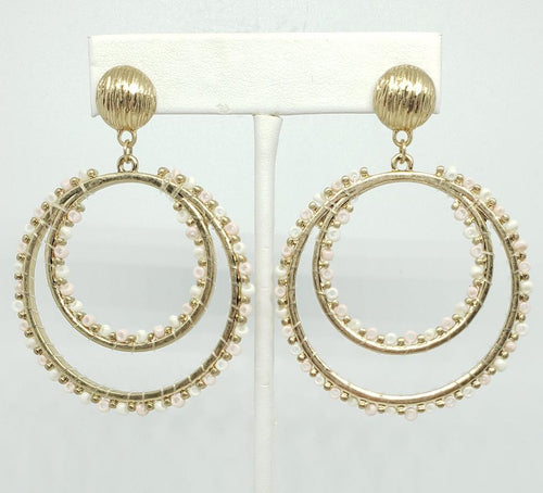 Gold Double Circle Drop Beaded Hoop Earrings
