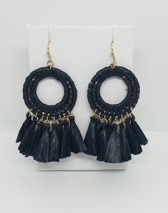 Black and Gold Raffia Wrapped Tassel Drop Earrings