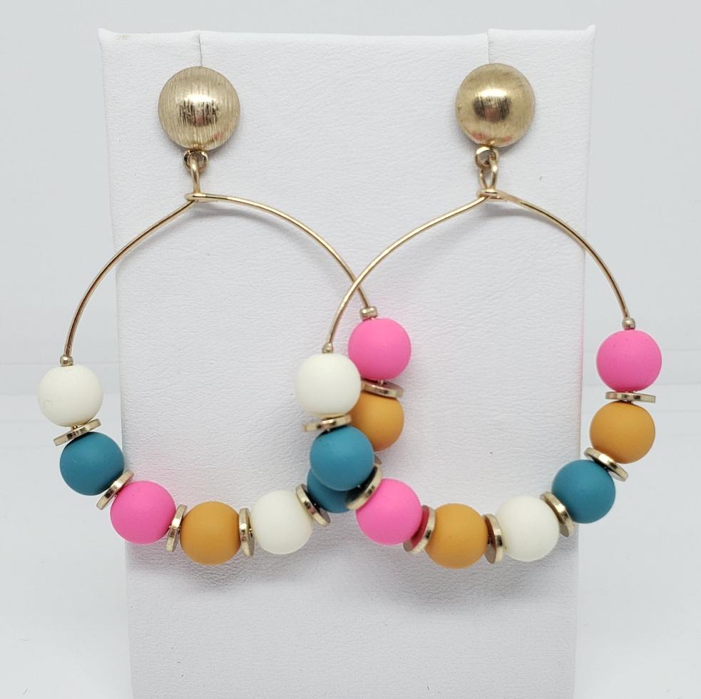 Wooden Ball Beaded Hoop Drop Earrings

Color: Ivory/Teal/Hot Pink/Mustard;

Approximate Length: 2.25"